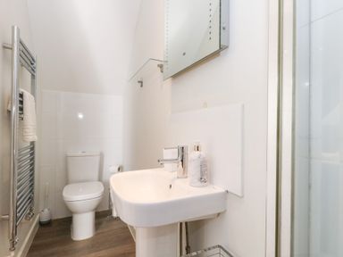 A bathroom featuring a toilet, sink, and shower at Shepherd Oak in Upwey near Weymouth