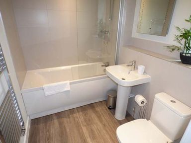 A bathroom with a bathtub a sink a toilet a mirror and a plant at Bramshurst in Upwey near Weymouth