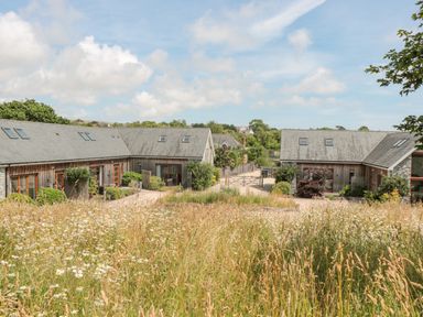 A view of two barn style houses with tiled roofs surrounded by grass and wildflowers at Bramshurst in Upwey near Weymouth