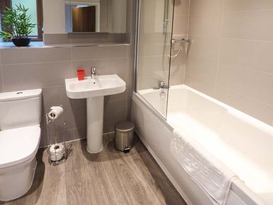 A bathroom with a toilet sink bathtub with shower and a small plant on the window sill at Casterbridge Upwey near Weymouth