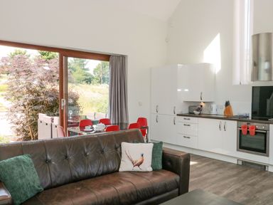 A living area with a brown leather sofa and kitchen cabinets with stainless steel appliances at Casterbridge Upwey near Weymouth