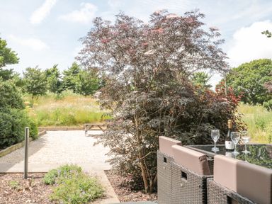 An outdoor seating area with a glass table set with wine glasses and a bottle surrounded by plants and greenery at Casterbridge Upwey near Weymouth