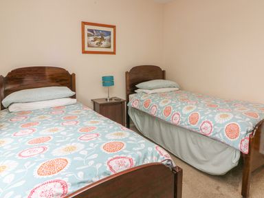 A bedroom with two single beds a wooden nightstand and a wall painting at Trederwen in Rhayader