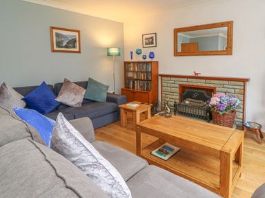 A living room with two sofas with cushions a wooden coffee table fireplace with flowers and a mirror at Trederwen in Rhayader