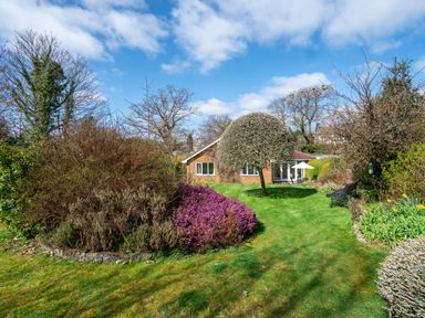 A garden with grass lawn trees and bushes with a house in the background at Trederwen Rhayader