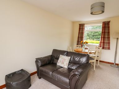A living room with a brown leather sofa a small dining table with four chairs and sunflowers in a vase at Red Kite Cottage in Howey near Llandrindod Wells