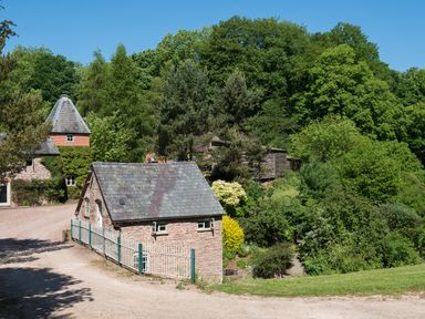 A stone building with slate roof near a gravel path surrounded by trees and bushes at Mill Cottage in Hanley William near Tenbury Wells