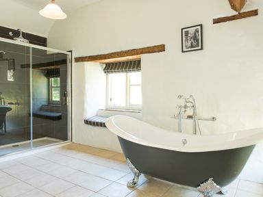 A bathroom with a clawfoot bathtub a shower enclosure and a window seat at Mill Cottage in Hanley William near Tenbury Wells