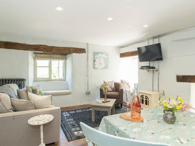 A living room with a sofa armchair coffee table and TV at Mill Cottage in Hanley William near Tenbury Wells