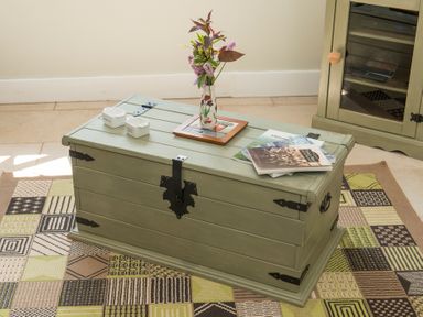 A green wooden trunk with a vase of flowers and books on top in a room at Stable Cottage in Hanley William near Tenbury Wells
