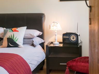 A bedroom with a black headboard bed a pillow with a bird design a bedside table with a lamp and a radio at Stable Cottage in Hanley William near Tenbury Wells
