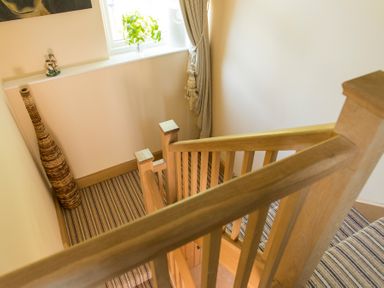 A staircase with wooden railing a window with a green plant and striped carpet at Stable Cottage Hanley William near Tenbury Wells