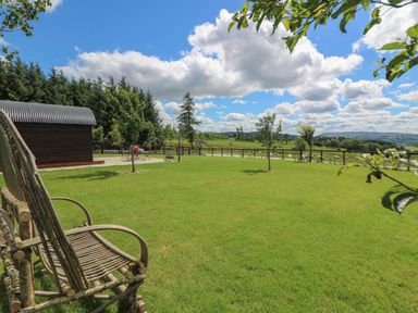 A grassy backyard with a wooden chair small trees and a shed with a patio at Valley View in Rhayader