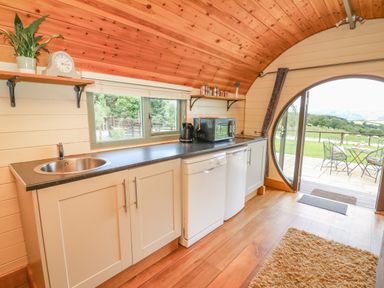 A kitchen with cabinets a sink microwave and dishwasher leading to an outdoor patio at Valley View in Rhayader