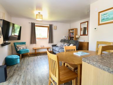 A living room with a sofa and dining table at Dragonfly Lodge Whinburgh near Dereham