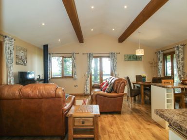 A living room with a sofa and dining area at Valley View Lodge in Welshpool