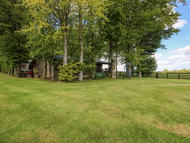 A garden with trees and a bench at Valley View Lodge in Welshpool