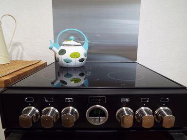 A stovetop with stainless steel knobs and a white kettle with blue handle and green flower patterns at Kates Cottage in Bourton-on-the-Water