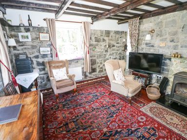 A living room with two armchairs a television stone walls and a red patterned carpet at Dun na Ron in Oughterard County Galway