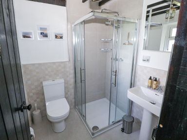 A bathroom with a toilet a glass shower enclosure a sink and a mirror at Dun na Ron in Oughterard County Galway