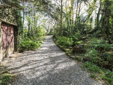 A gravel driveway lined with trees and shrubs near a stone building at Dun na Ron in Oughterard County Galway