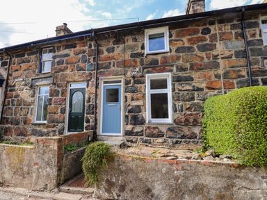 Stone terraced houses with blue and green doors and small front gardens in Nantmel Beddgelert
