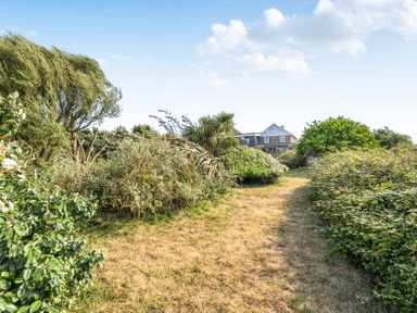 A pathway lined with bushes and trees leading to a house at Tregiffian Vean Sennen Cove