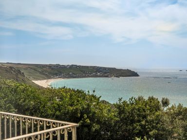 A coastal view with beach and houses at The Lookout in Sennen