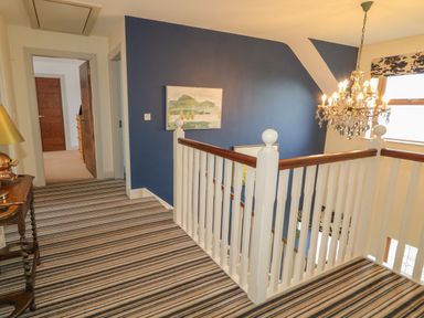 A hallway with striped carpet a wooden banister a chandelier and framed pictures at Millers Lane House in Muff County Donegal