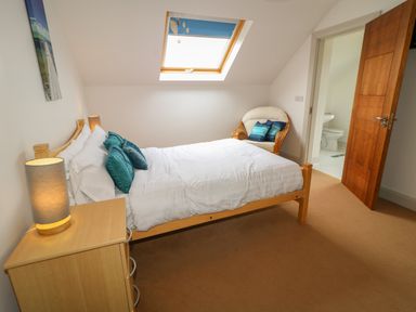 A bedroom with a bed pillows chair bedside table lamp skylight window and an open door leading to a bathroom at Millers Lane House in Muff County Donegal