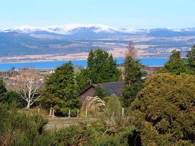 A view of trees and a small house with a lake and snow-covered mountains in the background at Pine Lodge in Culbokie