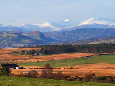 A rural landscape with fields trees and snow-capped mountains in the background at Pine Lodge in Culbokie