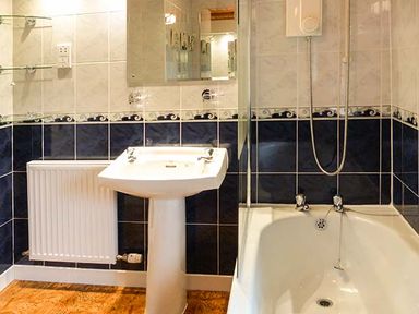 A bathroom with a pedestal sink radiator bathtub and shower at Pine Lodge in Culbokie