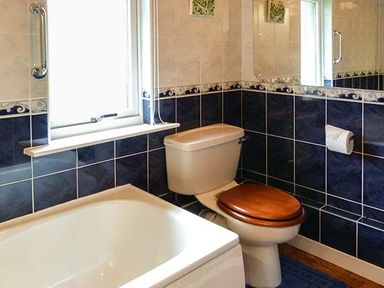 A bathroom with a bathtub a toilet with a wooden seat and tiled walls at Pine Lodge in Culbokie