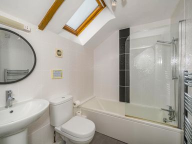 A bathroom with a toilet sink bathtub and skylight window at Penbarden Barn in Dizzard near Crackington Haven