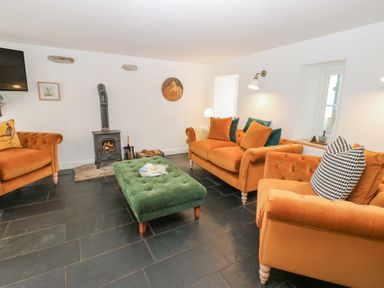 A living room with orange sofas a green ottoman a wood burning stove and a television at The Dale Cottage in Allendale near Hexham