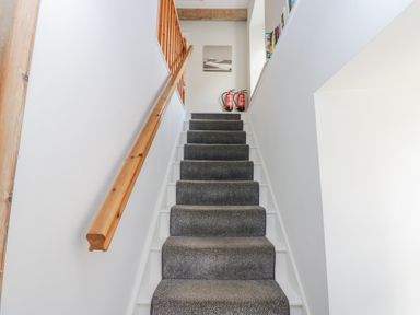 A carpeted staircase with wooden handrail and two fire extinguishers at the top at The Dale Cottage in Allendale near Hexham