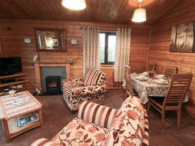 A living room with floral and striped armchairs a dining table set with dishes curtains on the window and wood paneling at Sycamore Lodge in Liverton near Danby