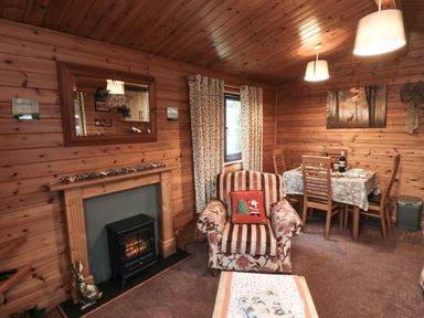 A wooden interior living room with an armchair a fireplace a dining table with chairs and a window with curtains at Sycamore Lodge in Liverton near Danby