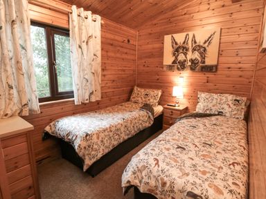 A bedroom with two single beds bedside table with lamp wooden walls and a window with curtains at Sycamore Lodge in Liverton near Danby