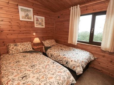 A bedroom with two single beds a nightstand with a lamp wooden walls and two framed pictures at Sycamore Lodge in Liverton near Danby
