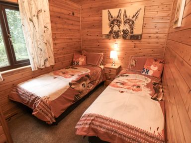 A bedroom with two single beds and wooden walls at Sycamore Lodge in Liverton near Danby