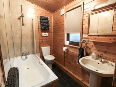 A bathroom with a bathtub shower toilet sink mirror and wooden wall panels at Sycamore Lodge in Liverton near Danby