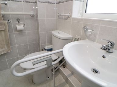 A bathroom with a toilet and a sink with grab bars and a towel hanging on the wall at Sycamores Rosecraddoc Lodge near Liskeard
