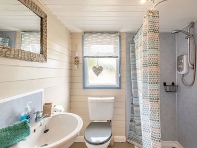A bathroom with a toilet sink and shower with a patterned curtain at The Nook in Louth