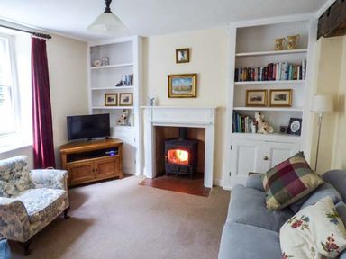 A living room with a fireplace a television on a wooden stand and bookshelves at Woodside Cottage in Brompton-by-Sawdon