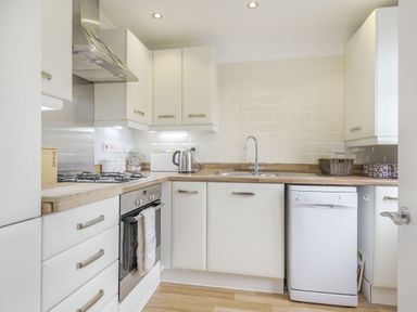 A kitchen with white cabinets a gas stove an oven a dishwasher a kettle and a sink at Kymin View in Monmouth