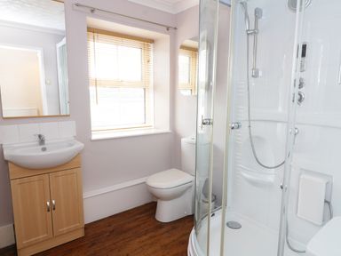 A bathroom with a wooden floor a shower cabin a toilet a sink with a cabinet and a window with blinds at Dolau Farmhouse in Lampeter