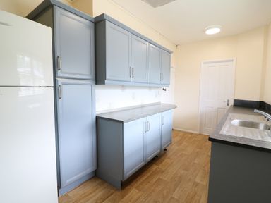 A kitchen with blue cabinets a white refrigerator a sink and wooden floor at Dolau Farmhouse in Lampeter