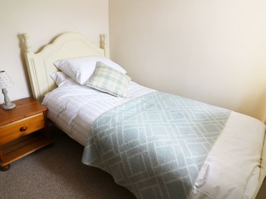 A single bed with white linens and a blue patterned blanket next to a wooden nightstand with a lamp at Dolau Farmhouse in Lampeter